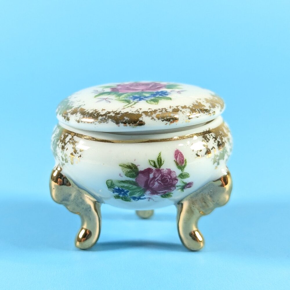 Small Japan floral trinket box on 3 curved legs, tooth fairy box, ring storage